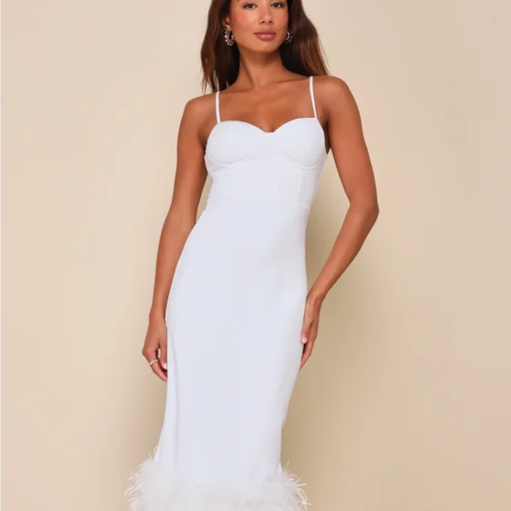 Lulus Passion for Glamour White Sleeveless Bustier Feather MIDI dress